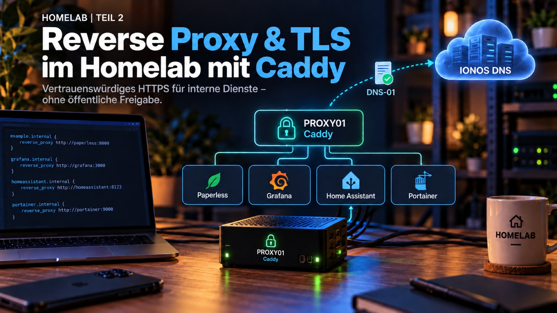 Reverse Proxy und TLS im Homelab: Caddy verbindet interne Dienste mit einem automatisierten DNS-01-Nachweis bei IONOS.