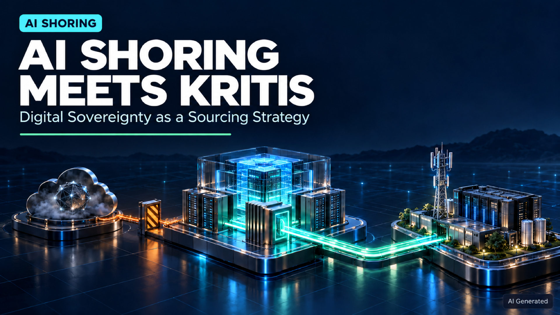 AI Shoring meets KRITIS – Digitale Souveränität als Sourcing-Strategie. Titelbild mit Kennzeichnung AI Generated.