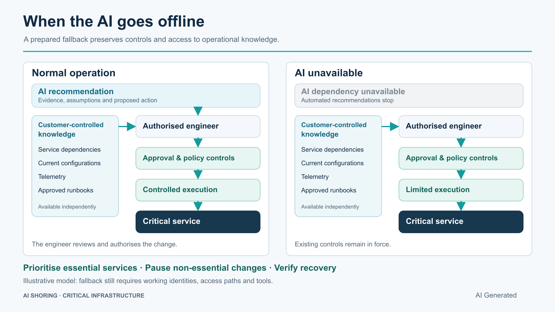 When the AI goes offline: Normalbetrieb mit AI-Agent und Ersatzbetrieb durch autorisierte Engineers führen über Freigabe und Policy-Prüfung zur kontrollierten Ausführung. AI Generated.
