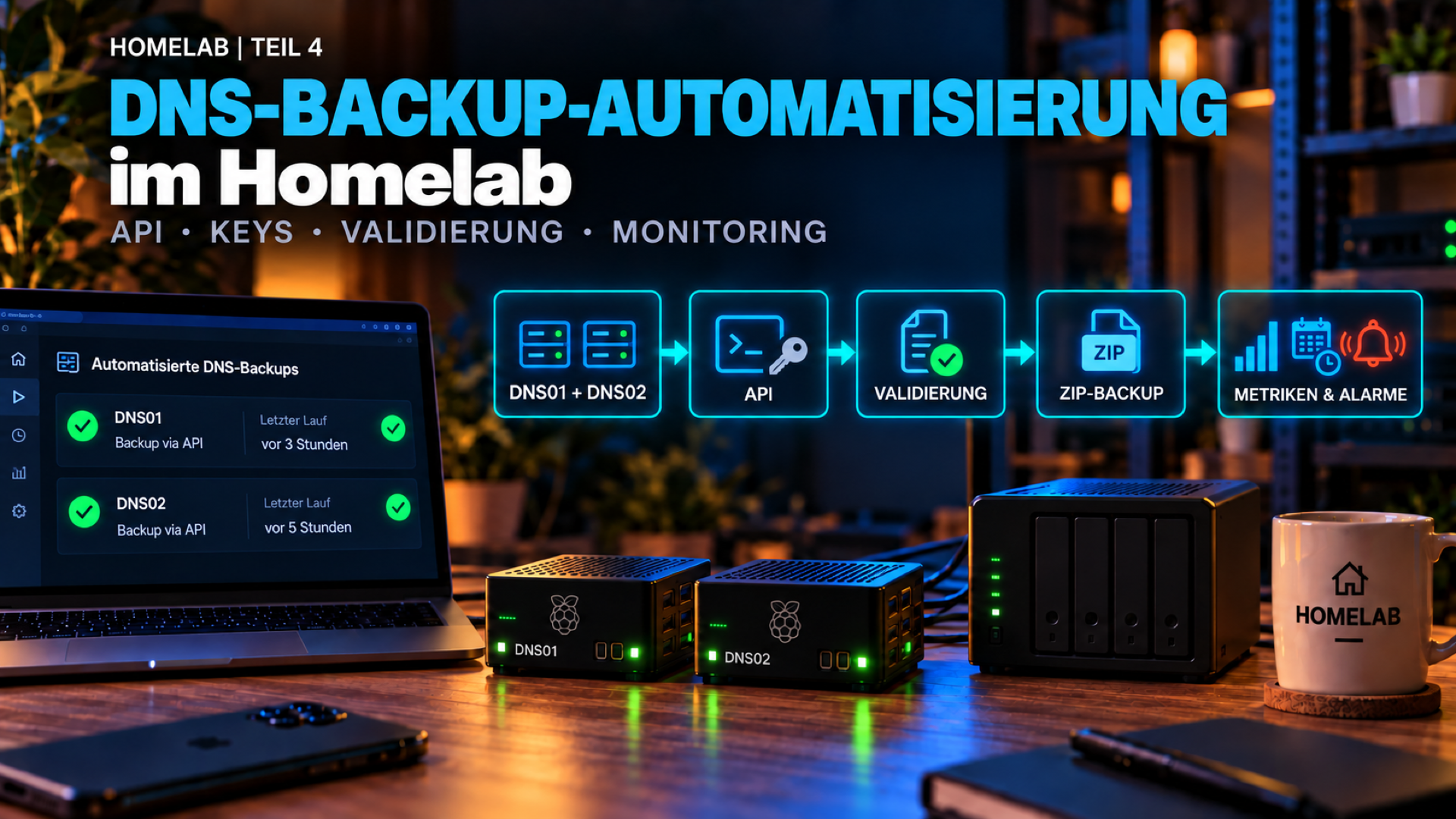 Titelgrafik zur DNS-Backup-Automatisierung mit Technitium, QNAP und Prometheus.