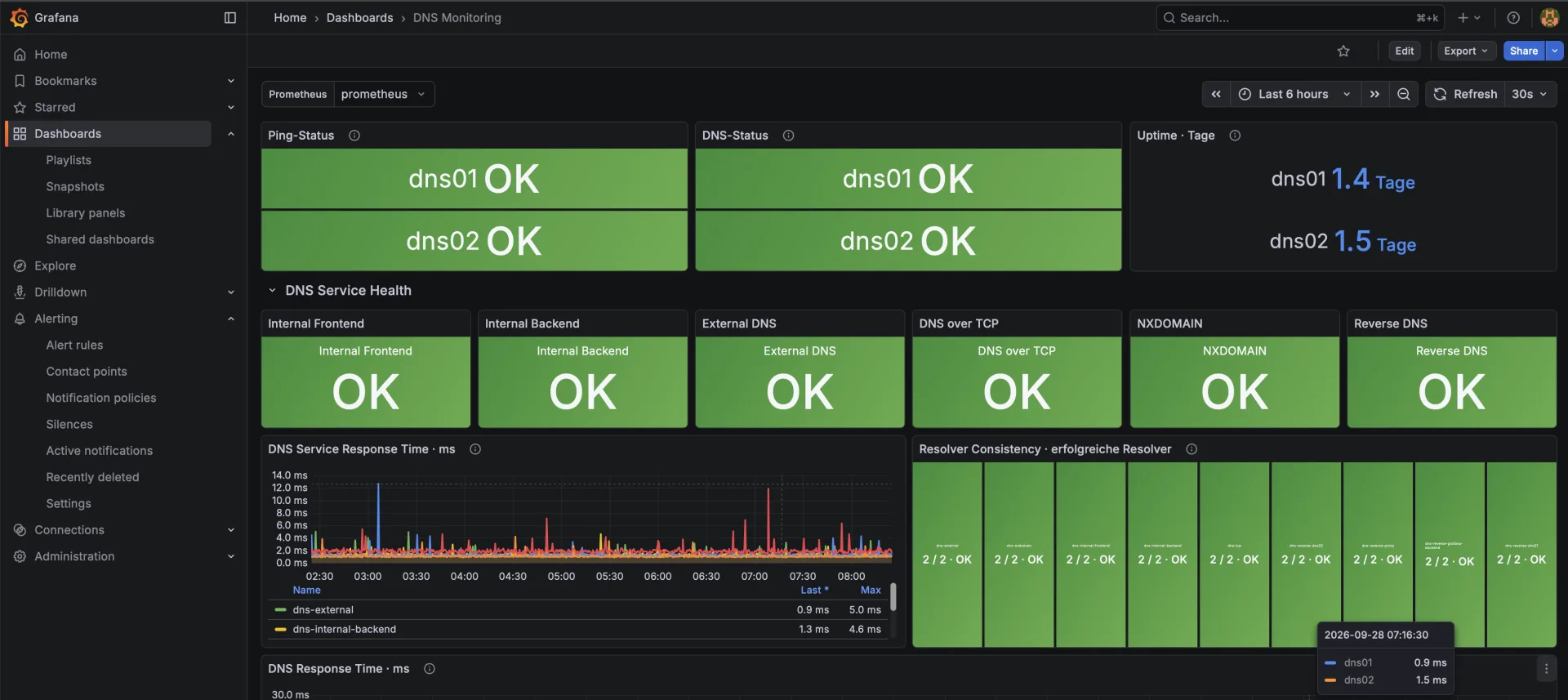 Grafana-Dashboard im gesunden Zustand: Beide Hosts, DNS-Prüfungen und Resolver-Tests sind grün.