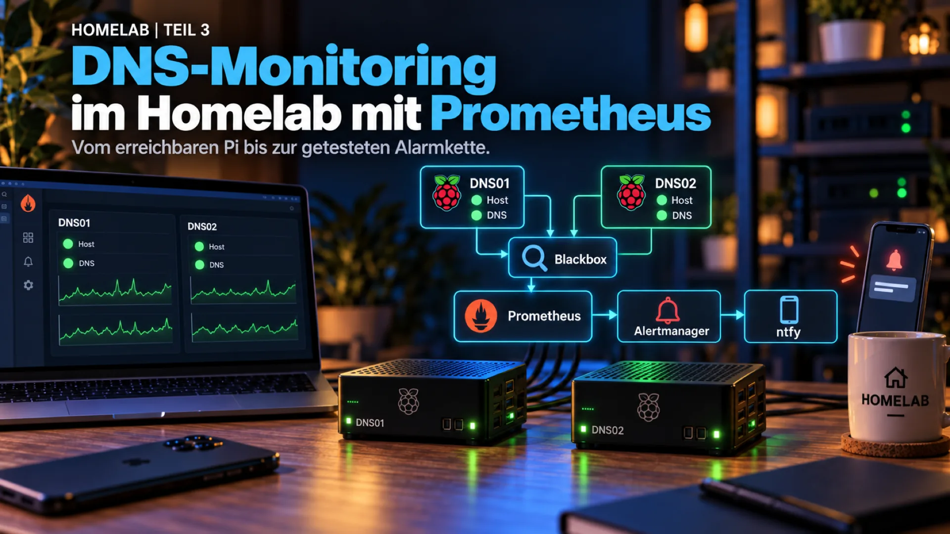 Übersicht des DNS-Monitorings im Homelab mit Prometheus, Grafana, Alertmanager und ntfy.