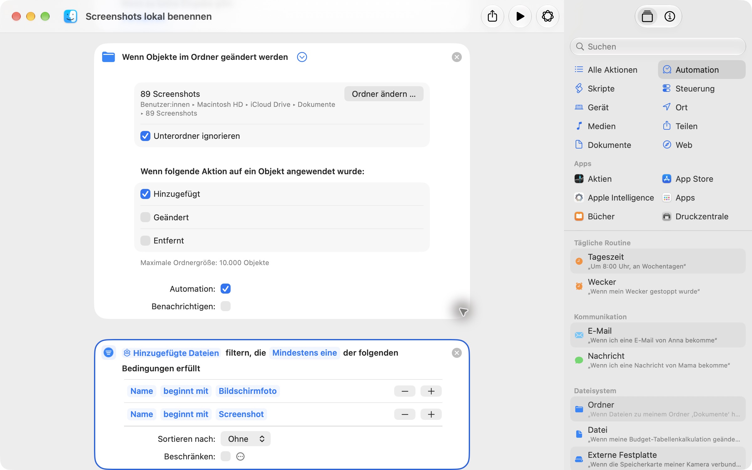 Aktive Ordnerautomation und Dateifilter